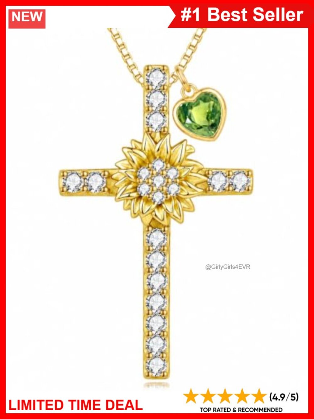 14K Gold Plated Sunflower Cross Birthstone Pendant Necklace Women